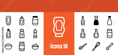 Cuadro en lienzo Condiments Icon Set: Sauces, Spices, and Jars