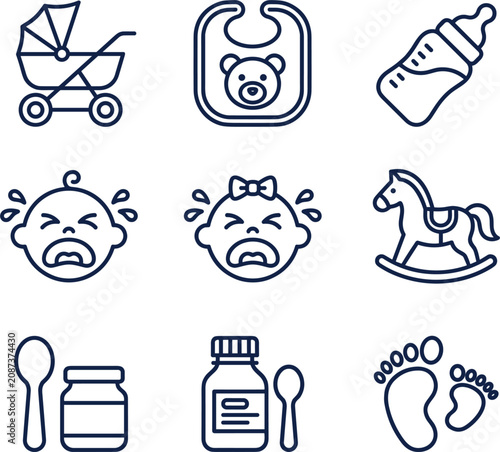 Fotografie Minimalist Dark Blue Line Baby and Newborn Care Vector Icon Set with Stroller Bi