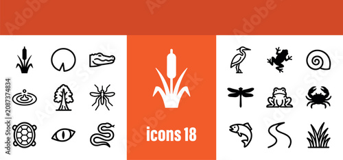 Wetland Ecosystem and Wildlife Outline Icons Set for Nature and Environment.