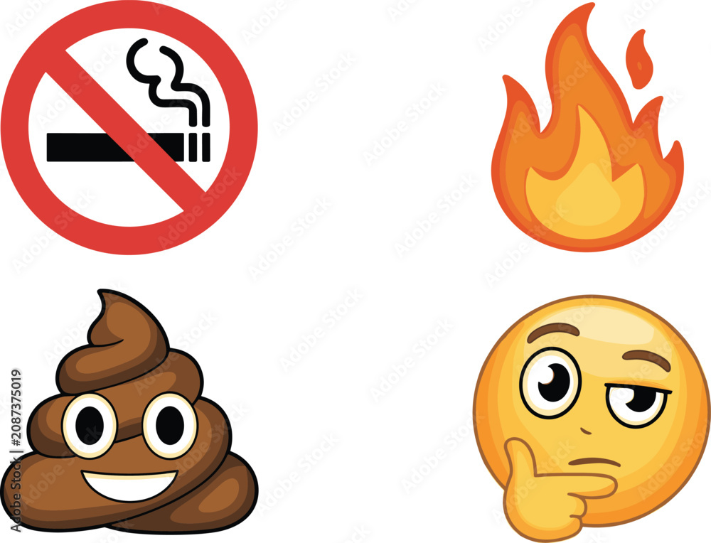 Fototapeta premium Prohibition and Reaction Icon Set Featuring No Smoking Symbol Fire Flame Poop Emoji and Thinking Face for Warning Sign and Expression Design