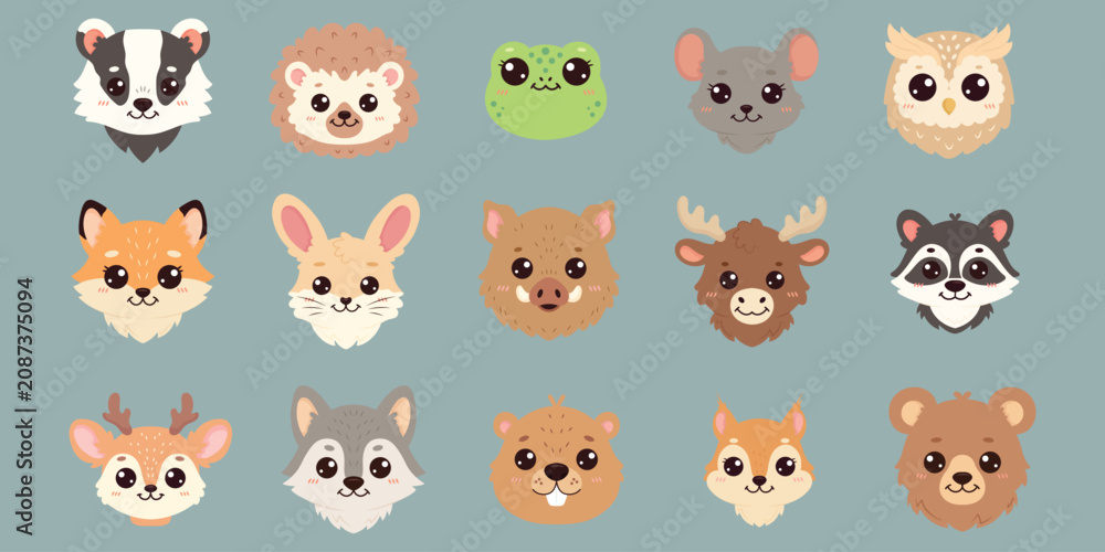 Obraz premium Forest Animal Faces, Badger Fox Owl Rabbit Bear Deer Wolf Kawaii Woodland Animal Heads