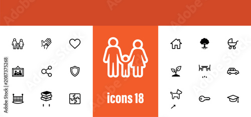 Tableau sur toile Family and Home Life Line Icons Set - Love, Children, Relationships, and Propert