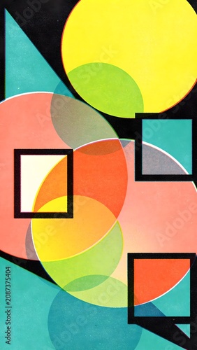 Abstract Overlapping Geometric Shapes Fluorescent Yellow Coral Teal 3-Color System Transparency Logic Risograph Print Art