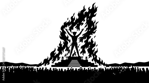 Принти на полотні Silhouette of Burning Man figure engulfed in flames with crowd watching at night