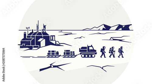 Fotografie Arctic expedition with supplies, industrial outpost and mountains in background