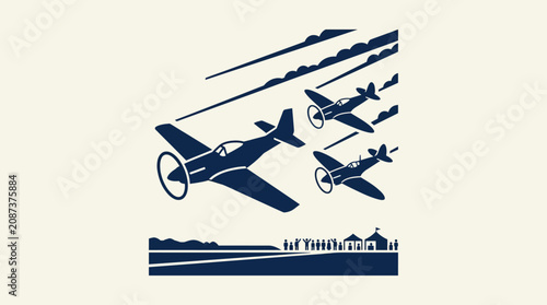 Cuadro en lienzo Vintage Airplanes Flying in Formation Over Landscape with People