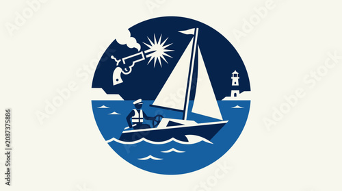 Cuadro en lienzo Sailboat at Sea with Nautical Iconography and Firing Gun