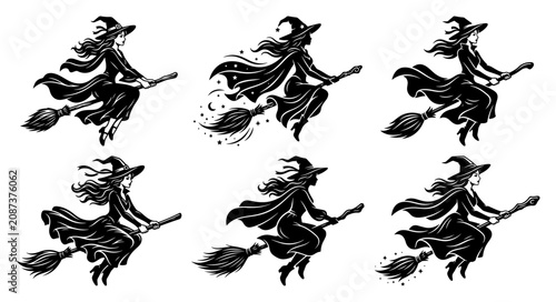Schilderij op canvas Flying witch on broomstick set of silhouettes in different poses for halloween d