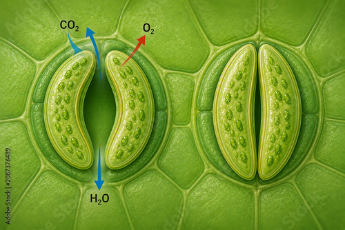 Illustration of leaf stomata showing gas exchange through microscopic pores. Educational botanical diagram explaining carbon dioxide uptake, oxygen release and water vapor transpiration in plant leave