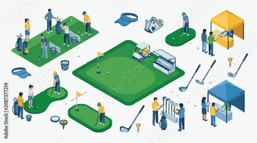 Modern Isometric of Golf Course Activities with Players Clubs and Accessories with high quality professional line art symbols for modern creative design and digital branding projects