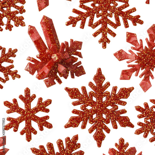 macro detailed, ruby red watercolor snowflakes layered with shimmering gold and silver glitter, floating elegantly against a transparent studio background. concept for luxurious christmas holiday
