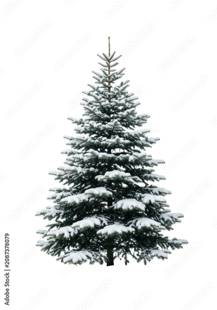Obraz premium a flawless blue spruce fir tree completely coated in thick crystalline powder snow, isolated against a transparent studio background, pristine holiday season concept.