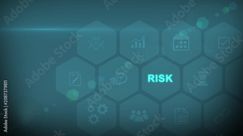 Glowing neon line a risk concept button on a visual display. Hi tech motion graphic. digital interface on cyan color background