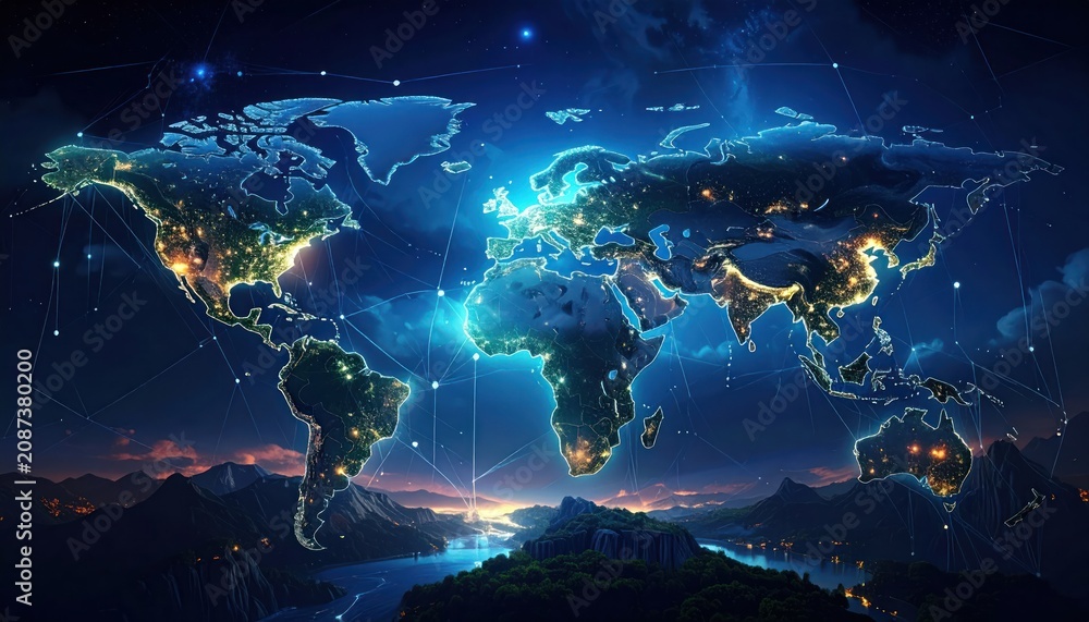 Fototapeta premium Global Network Lights Up World Map at Night, Digital Connection Concept