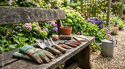 Gardening tools on a wooden bench with gloves, watering can, and flowers in the background, ready for gardening tasks