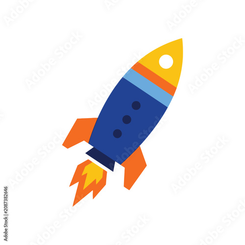 Colorful cartoon rocket ship launching into space, representing exploration and discovery, with fiery exhaust