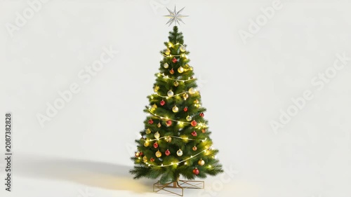 Decorated Christmas Tree with Star Topper on White Background with Soft Shadows