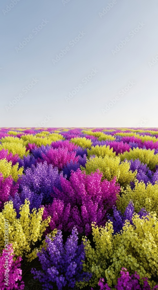 Fototapeta premium Vast expanse of intensely colorful flowering plants stretching toward the horizon, symbolizing renewal and vibrant spring beauty, spring, bright, scenic view