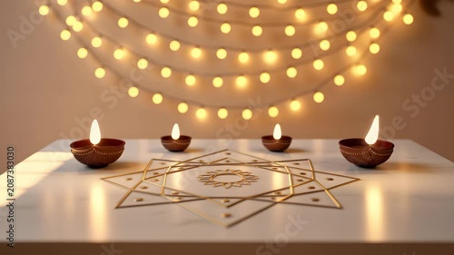 Traditional diyas illuminated with warm fairy lights during a festive celebration