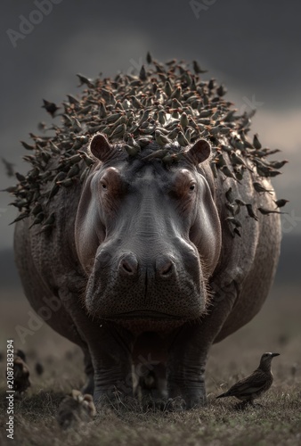 Hippopotamus with birds on its back in a field