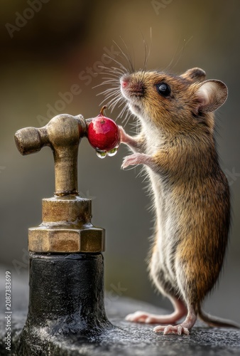 A small mouse stands upright, reaching for a red berry on a vintage brass faucet