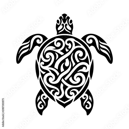Tribal sea turtle silhouette with ornamental Polynesian inspired patterns. Decorative turtle with symmetrical swirls and flowing lines in solid black.