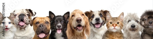 Close-up of various happy dogs and cats, facing forward, against a white background