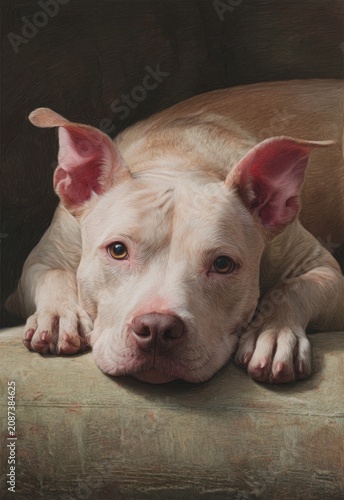 Cream-colored dog resting, head and front paws on a light tan surface