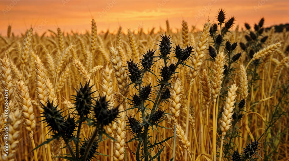 Obraz premium Dark prickly weeds growing in a golden wheat field sunset