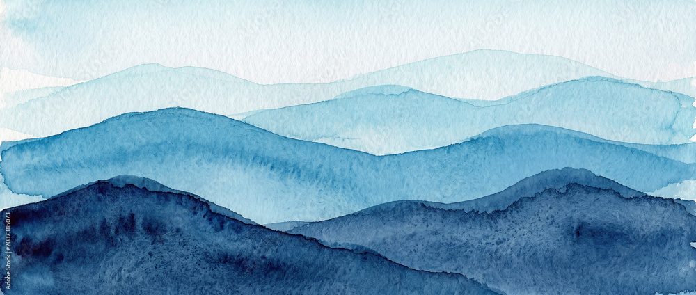 Fototapeta premium An artistic watercolor landscape background featuring light and dark shades of blue and layered, undulating hills.