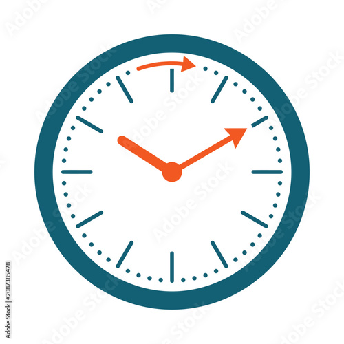 Slika na platnu Simple analog clock face showing approximately 10:10 time, blue frame, orange ha