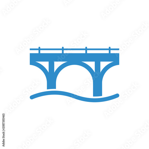 Bild auf Leinwand Simple blue arch bridge over stylized wavy water, flat icon symbol for connectio