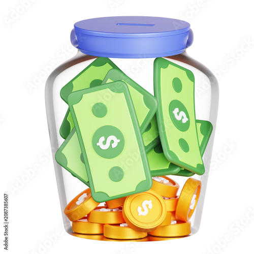 3D jar filled with cash and coins, representing savings, investment, and financial growth concepts
