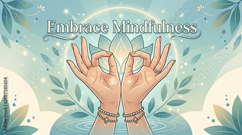 Vector hands forming lotus shape, text “Embrace Mindfulness”