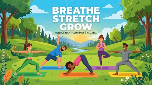 Vector illustration of group yoga session outdoors, bold text “Breathe Stretch Grow”