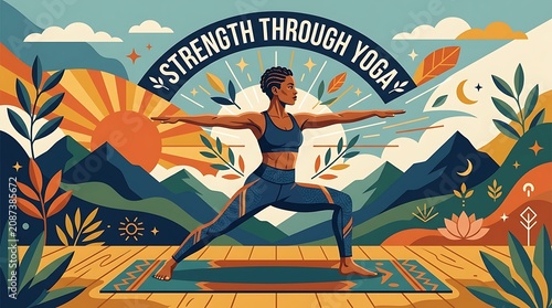 Vector illustration of person in warrior pose, text “Strength Through Yoga”