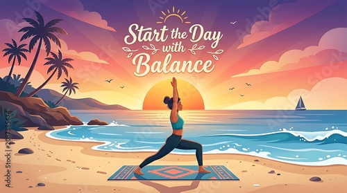 Vector illustration of sunrise yoga by the beach, text “Start the Day with Balance”