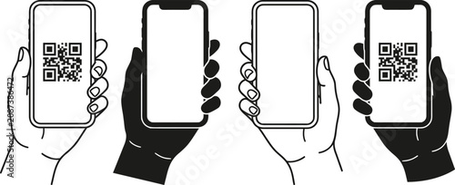 Hand Holding Smartphone Icon Set with QR Code Scanning on Mobile Screen, Flat Vector Illustration Isolated