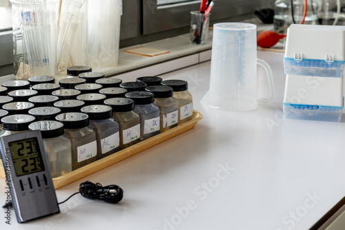 Quadro su tela Laboratory sample bottles with soil samples, digital thermometer and laboratory