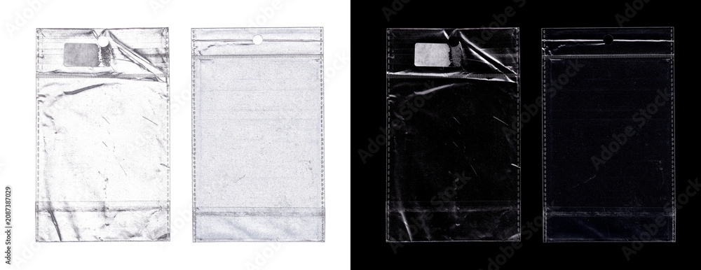 Fototapeta premium Set of small transparent plastic packaging bags with hanging holes, seal line, and blank white price sticker isolated mockup for retail product display or merchandise overlay. PNG polythene packing