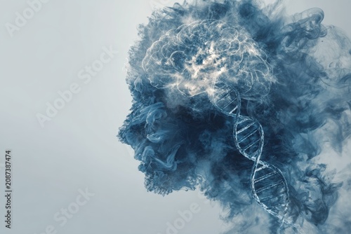 Burnout. Human profile overlaid with brain smoke, DNA helixes and neural maze, cool blue-gray tones. Neurogenetics, cognitive complexity, mental stress visualization.