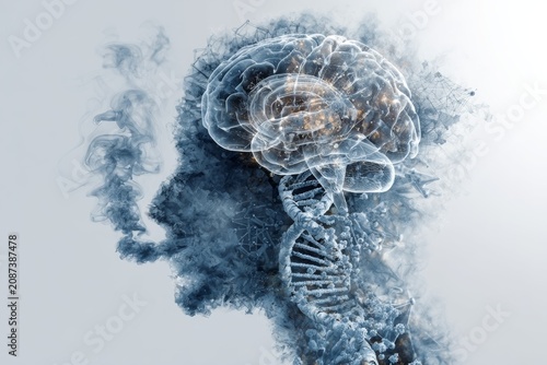 Burnout. Human profile overlaid with brain smoke, DNA helixes and neural maze, cool blue-gray tones. Neurogenetics, cognitive complexity, mental stress visualization.