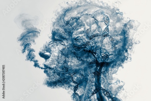 Burnout. Human profile overlaid with brain smoke, DNA helixes and neural maze, cool blue-gray tones. Neurogenetics, cognitive complexity, mental stress visualization.
