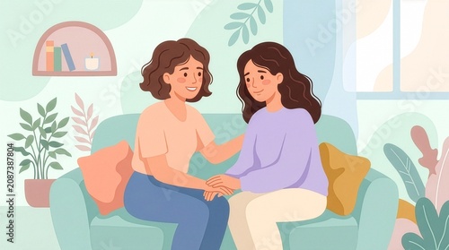 Two women sitting on sofa, holding hands and supporting each other. Flat vector illustration of female friendship, empathy, psychological support and therapy