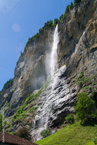 Lauterbrunnen Valley Alpine Panorama with Waterfall and Swiss Mountain Village