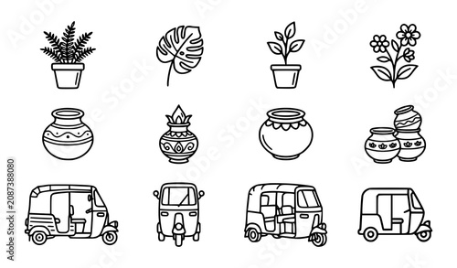 Bild auf Leinwand Botanical Pottery and Indian Rickshaw Outline Icon Pack