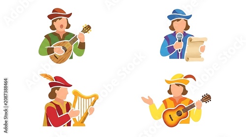 Medieval bard and minstrel characters set playing musical instruments and singing