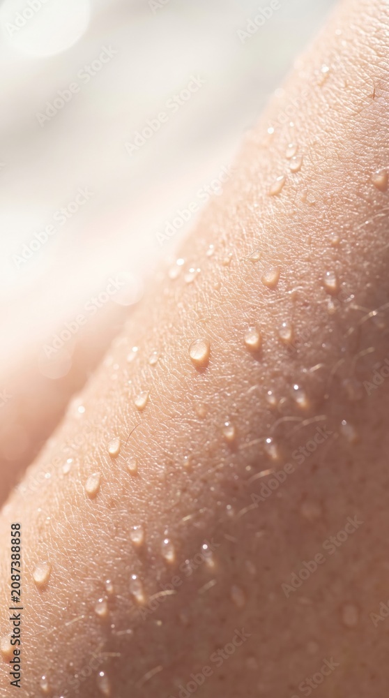 Fototapeta premium Extreme macro shot water droplets human skin. Bright sunlight highlights texture and moisture creating refreshing healthy mood. Ideal for skincare beauty or hygiene marketing.