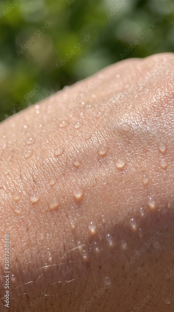 Fototapeta premium Close-up view of sweat or water beads on human skin. Represents hydration, physical activity, or skincare. Ideal for health, fitness, and beauty contexts.