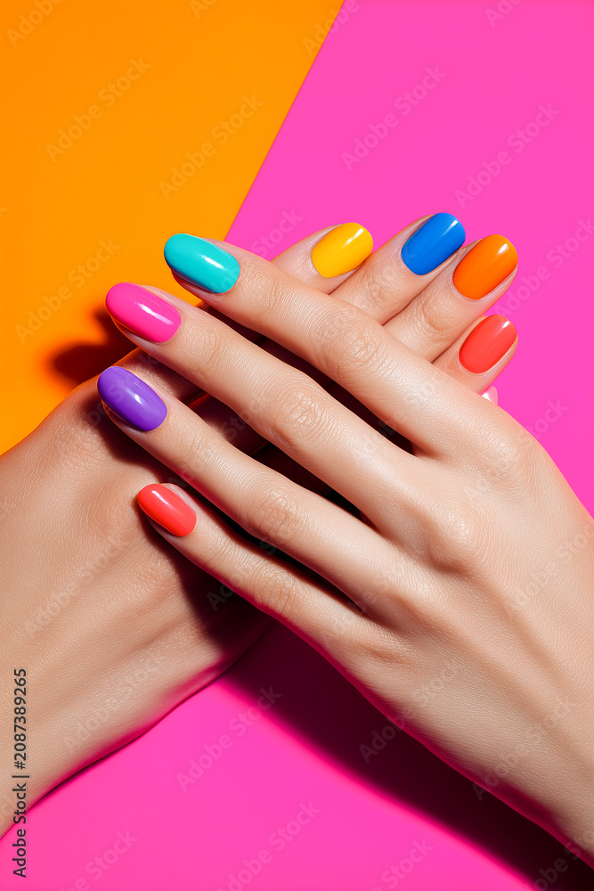 Fototapeta premium Close up of female hands with vibrant colorful manicure on nails against pink and orange background. Bright rainbow multi colored nail polish design for summer salon care